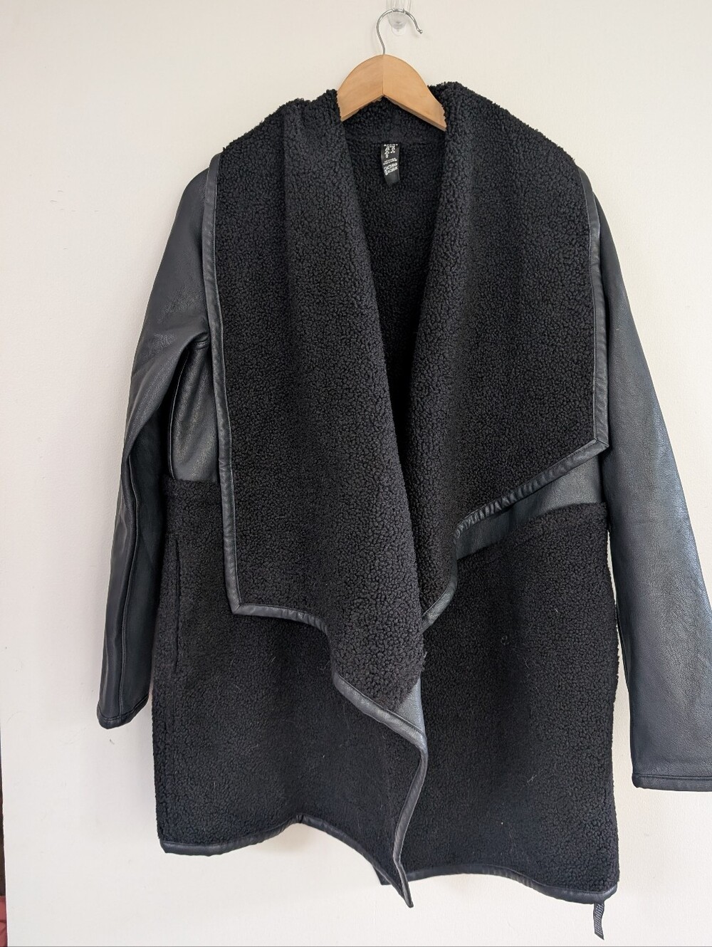 Spanx Fleece & Faux Leather Long Wrap Jacket In Very Very Black Shearling Teddy